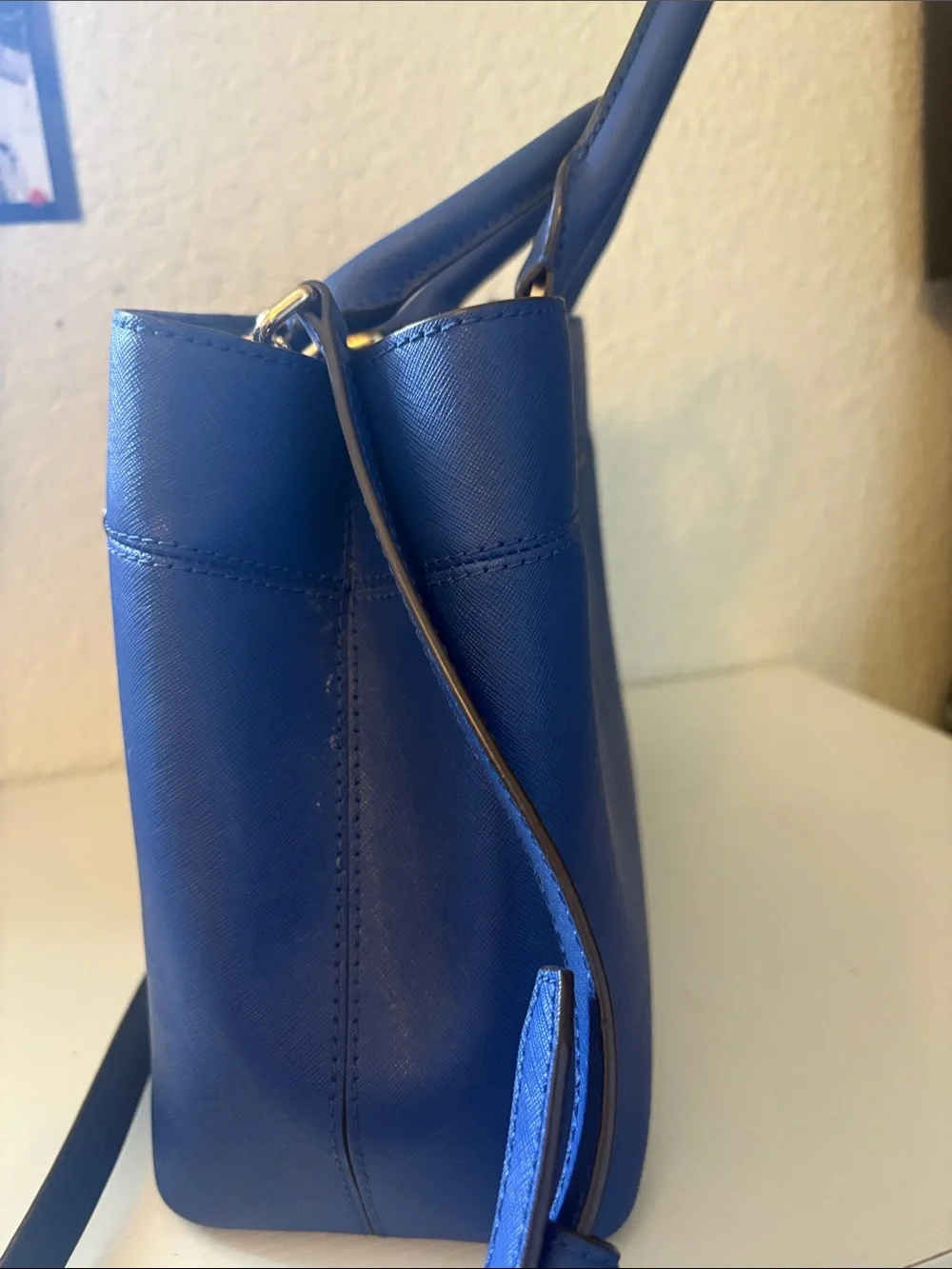 Michael Kors Blue Saffiano Top-Handle Satchel with Gold Hardware